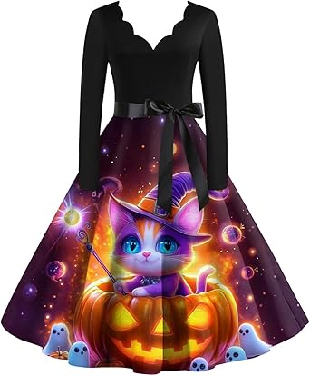 OIOLOYJM Sexy Plus Size Halloween Costumes Woman 2025 Long Sleeve V Neck Printed Gothic Retro Formal Party Dresses for Women