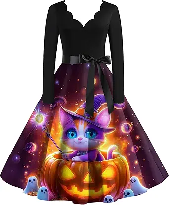 OIOLOYJM Sexy Plus Size Halloween Costumes Woman 2025 Long Sleeve V Neck Printed Gothic Retro Formal Party Dresses for Women