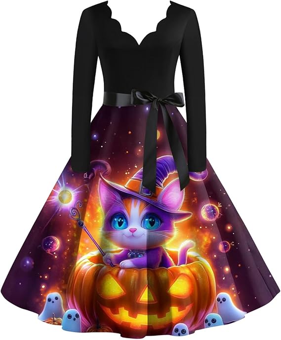 OIOLOYJM Sexy Plus Size Halloween Costumes Woman 2025 Long Sleeve V Neck Printed Gothic Retro Formal Party Dresses for Women