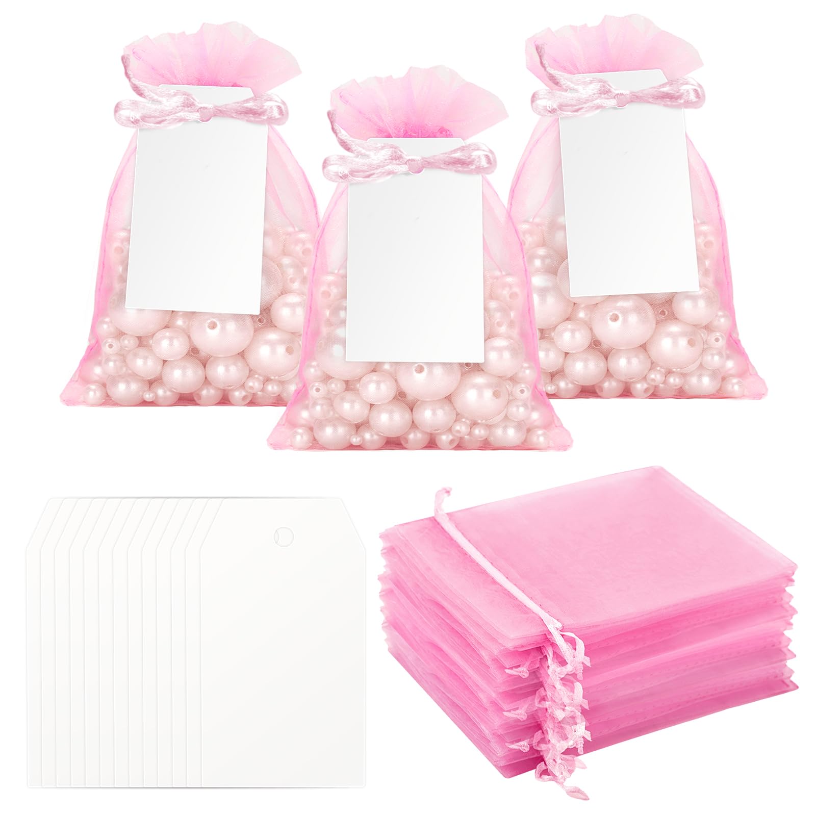 G2PLUS 50 Pack Organza Gift Bags with Tags: 10 x 15 cm Pink Drawstring Favour Pouches with 4 x 7 cm White Tags for Wedding Party Favours Jewellery Candy
