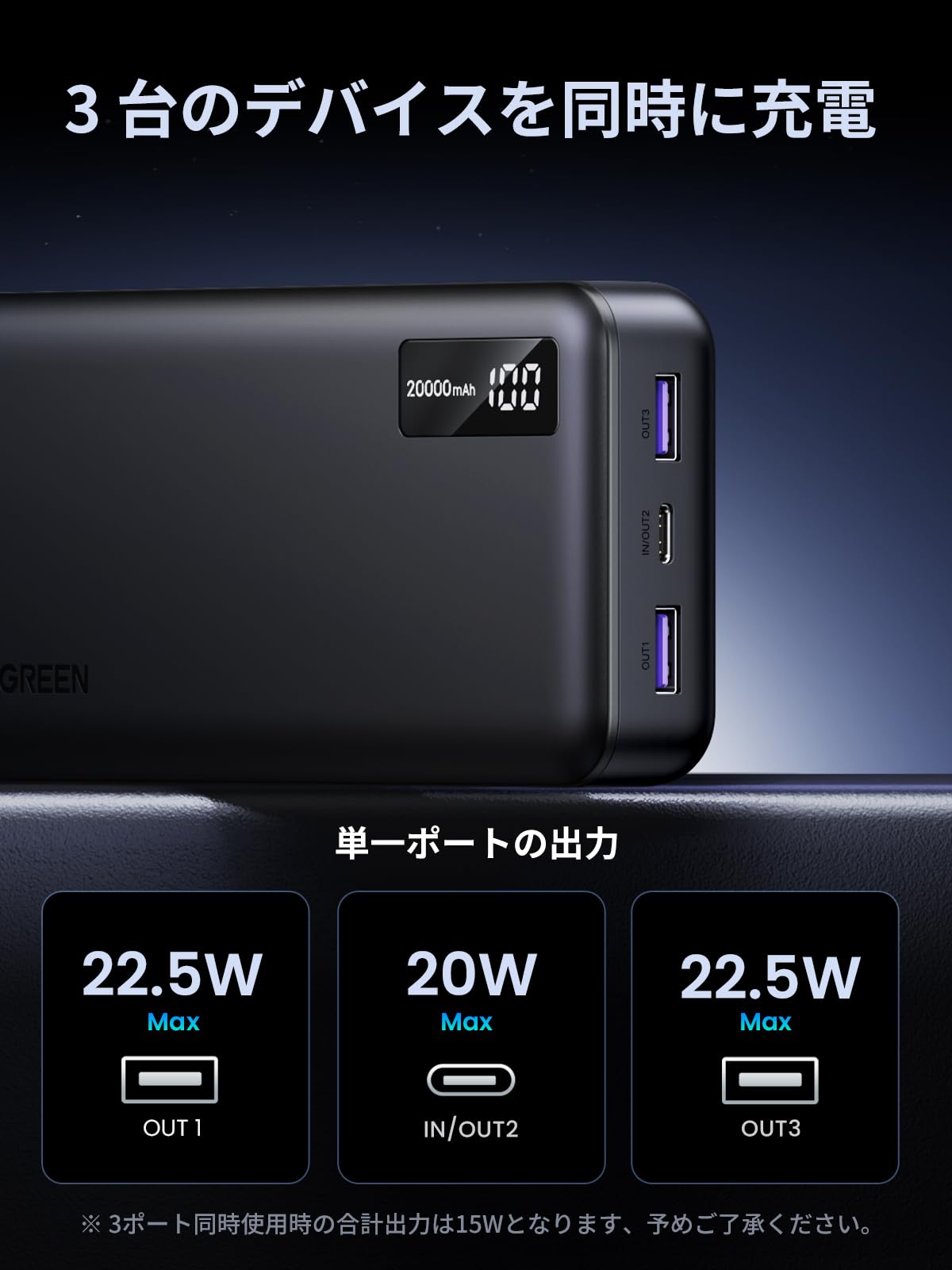 UGREEN PB312 Mobile Battery, Rapid Charging, 3 Devices Simultaneously Charging, 20,000 mAh, Large Capacity, 20 W, 22.5 W, USB C x 2, USB-C x 1, Pass-Through Function, Small Current Mode, LCD Battery