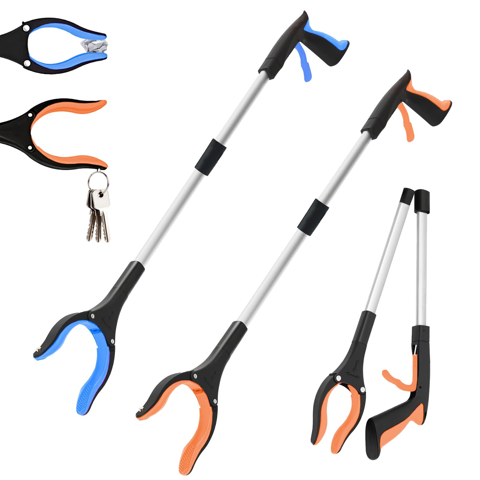 2-Pack 32"Grabber Reacher Tool,Foldable Reacher Grabber Pickup Tool with 360°Rotating Jaw & Magnetic Tip,GarbageTrash Picker Upper Grabber,Lightweight Grabbers for Seniors/Elderly(Orange/blue)