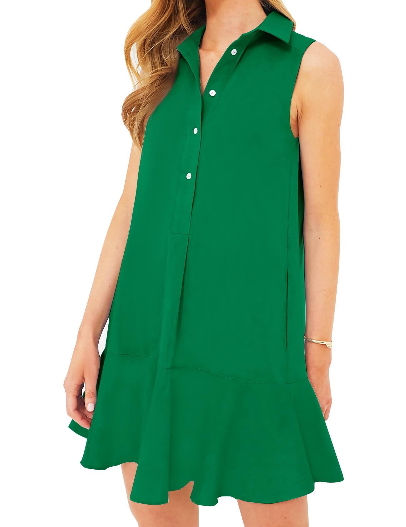 Flygo Tunic Mini Shirt Dresses for Women 2024 Button Down Sleeveless Cotton Shirt Dress Ruffle Shift Dresses with Pockets