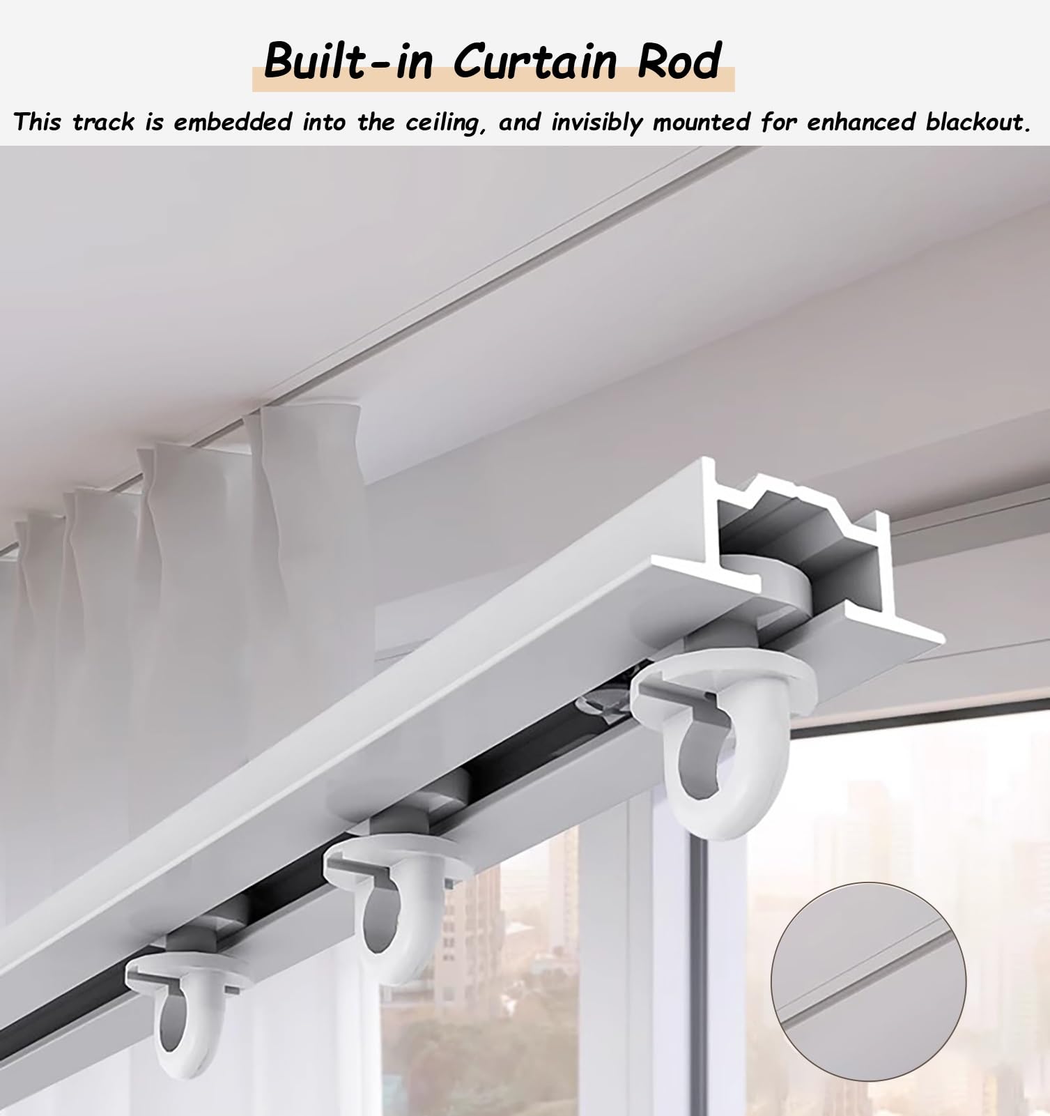 Rail Rideaux Plafond Kit de Rail Coulissant pour Rideaux Encastrés et Cachés, Système de Rail de Rideau de Plafond en Métal Occultant, Support de Tringle à Rideau Encastré pour Salon / Cuisine(1.2m/3.