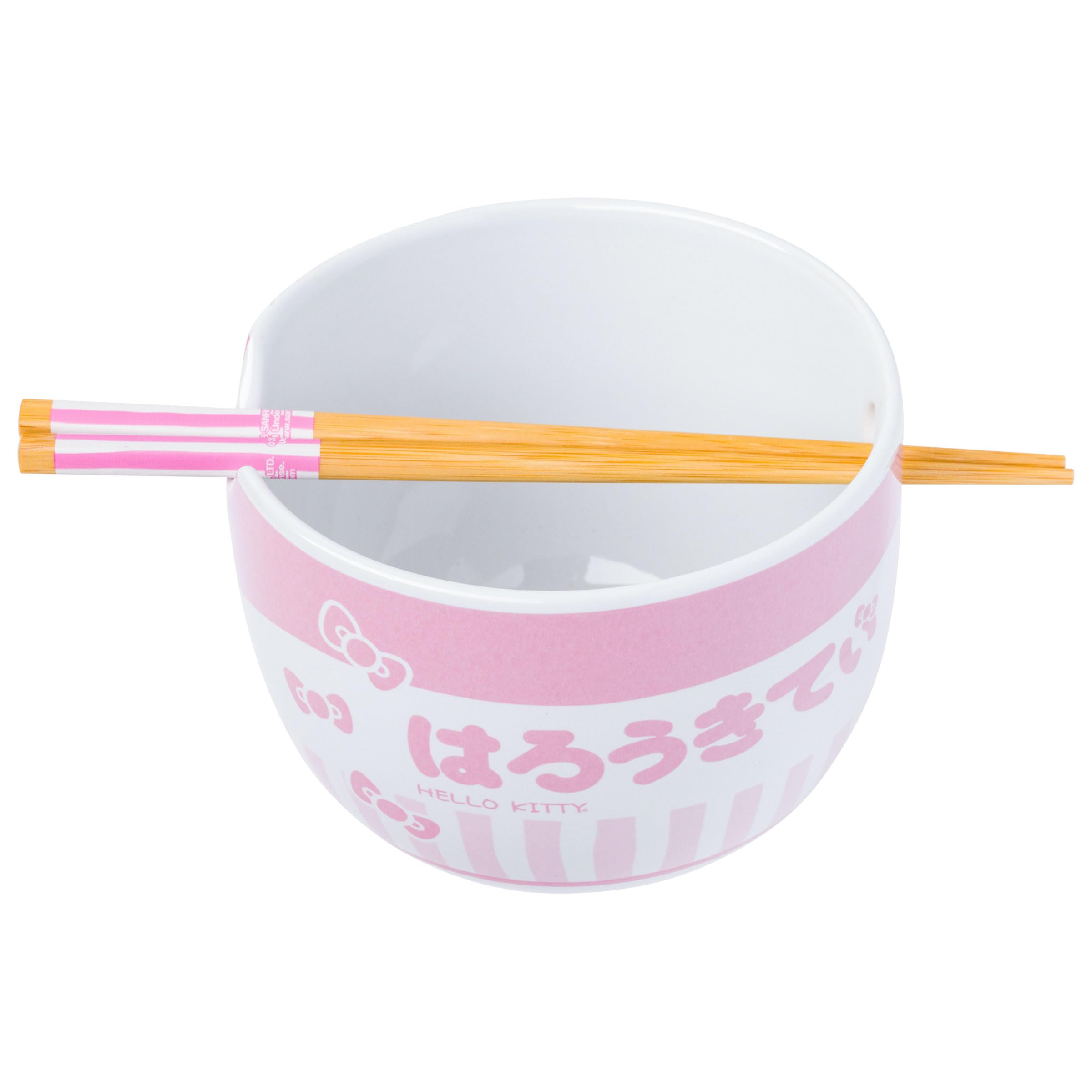 Silver Buffalo Sanrio Hello Kitty Pink Stripes Ceramic Ramen Bowl with Chopsticks, 20 Ounces