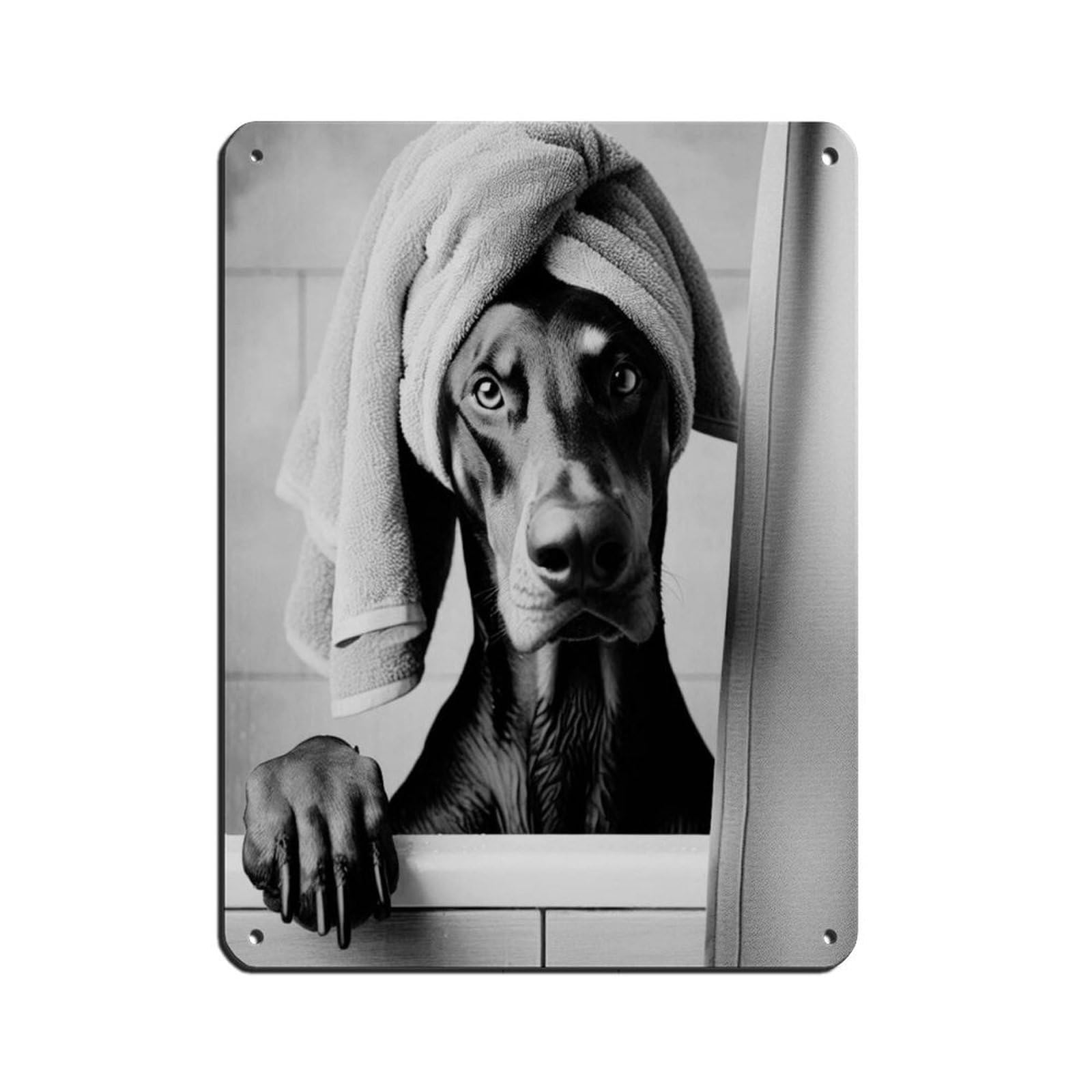 Doberman Pinscher Dog Bathroom Art (2) Retro Poster Metal Tin Sign Chic Art Retro Iron Painting Bar People Cave Cafe Family Garage Poster Wall Decoration 12x16inch(30x40cm)