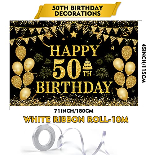 Image of 50th Birthday Decorations for Men Women - Happy 50th Birthday Banner Party Decorations Black Gold 50 Years Birthday Party Suppiles Background for Home Outdoor Birthday Decor(71 x 45 inch)