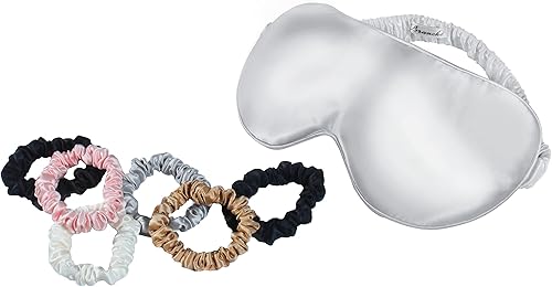 Branche - Juego de regalo  Máscara de seda para dormir Belle De Nuit y paquete de 6 coleteros de seda Chouchou  100% pura morera 22 Momme máscara de