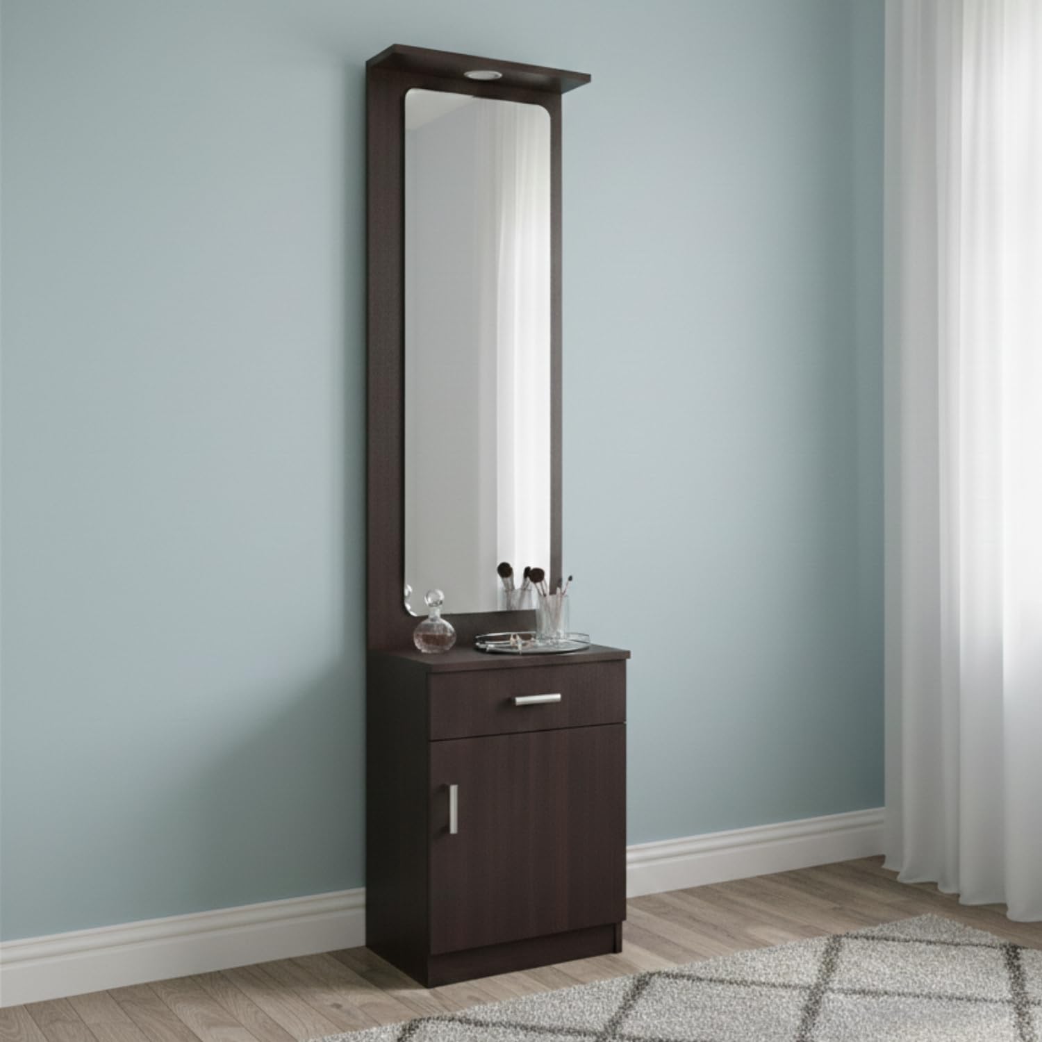 CASPIAN Engineered Wood Wooden Vanity Dressing Table (Brown) | Pre-Assembled Furniture with Mirror, LED Lights | Makeup & Accessories Storage Organizer with 4 Shelves, 1 Drawer-image-11