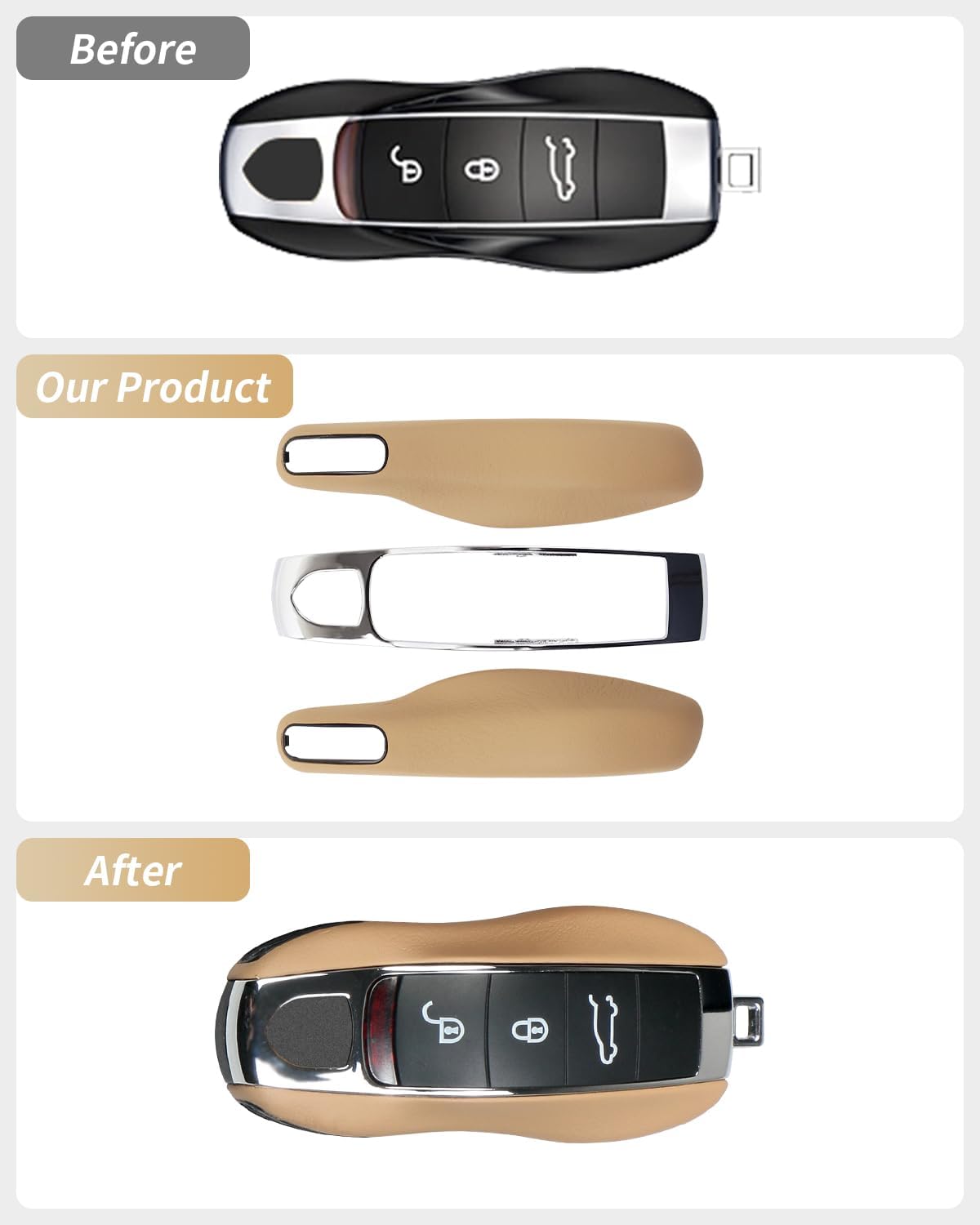 Leather Key Fob Cover for Porsche Macan Panamera 911, Key Chain Keychain Key Cover for Porsche Cayenne 718 Cayman Boxster Accessories (Luxor Beige) - Image 8