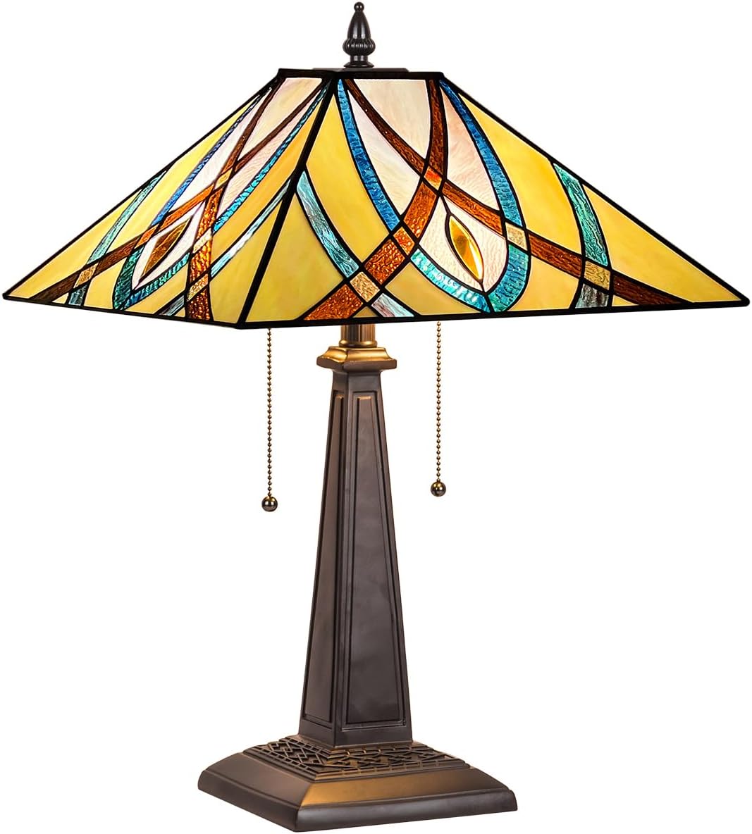 Tiffany Table Lamps,16" Wide Handcrafted Stained Glass Desk Lamp for Reading,2 Lights Mission Style Antique Nightstand Light for Living Room Bedroom Home Office
