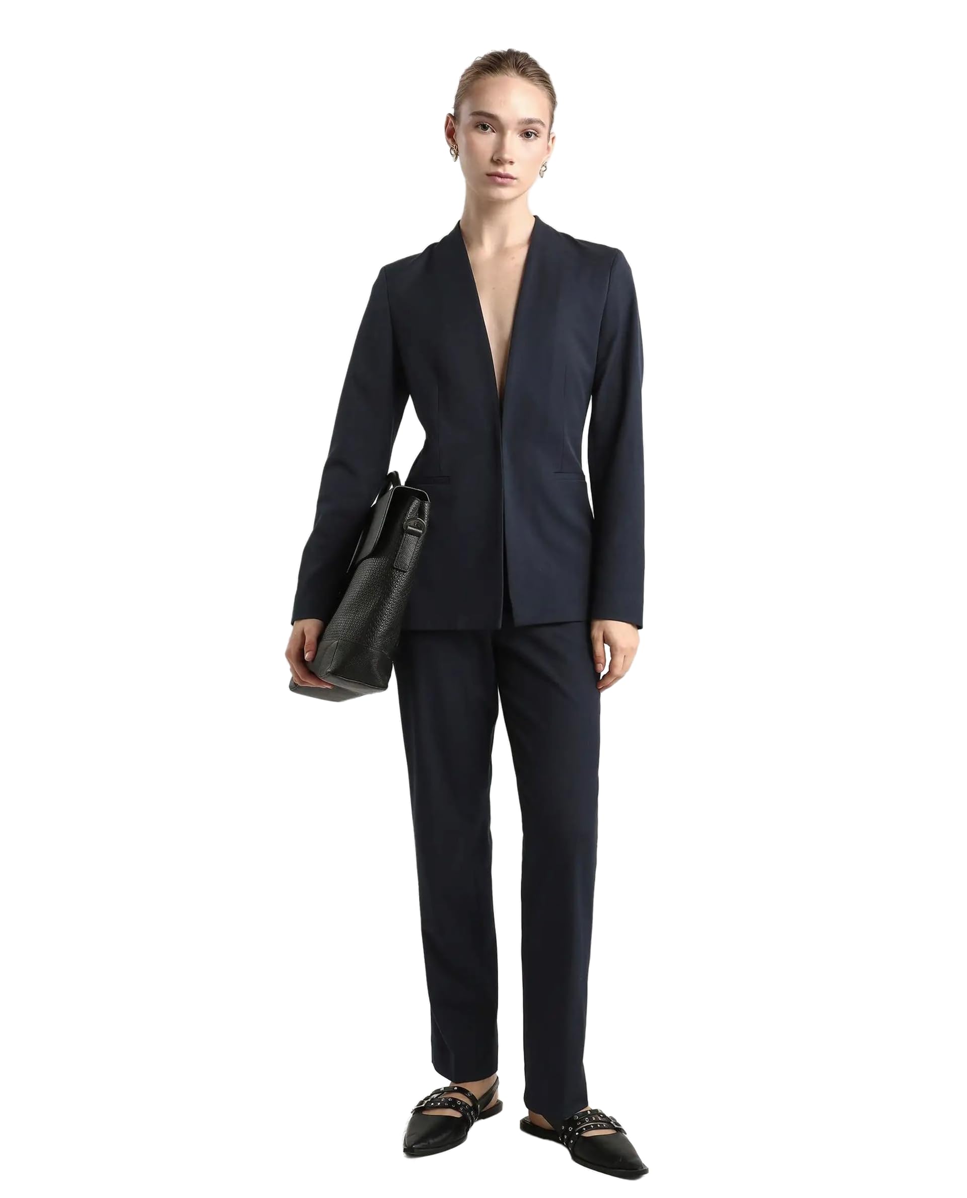 rareism Regular Solid Navy Polyester Blend Collarless Long Sleeve Blazer-picture-47
