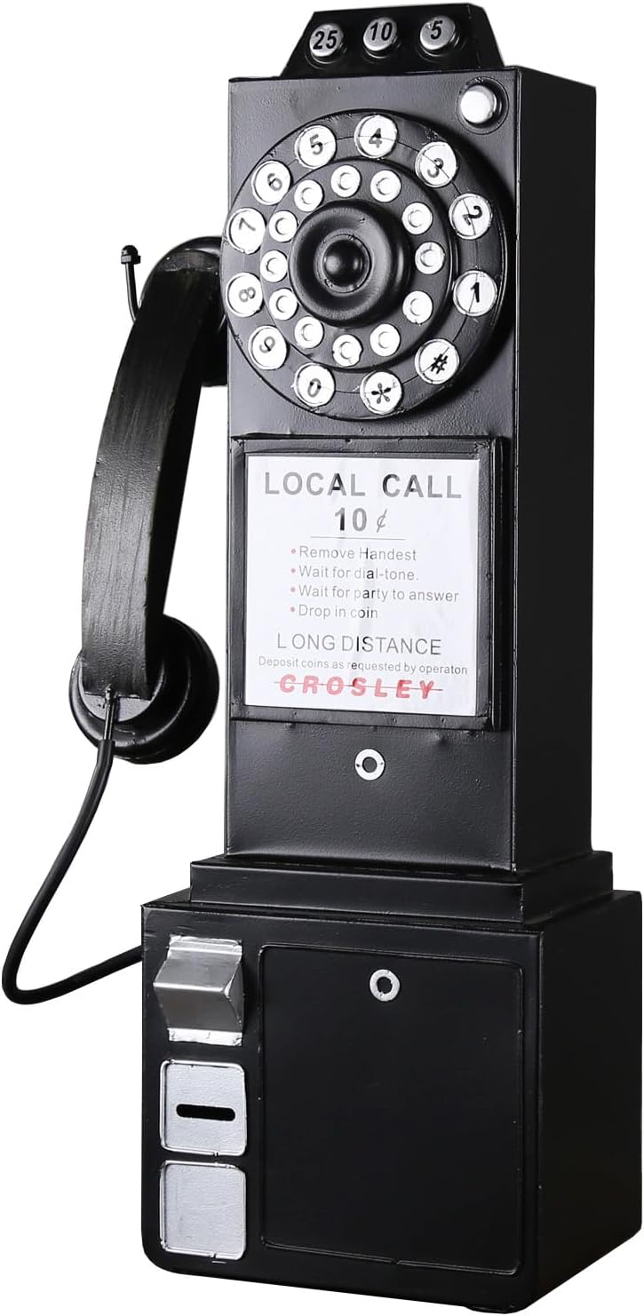 Vintage Telephone Booth Model Decor - Vintage Wall Mounted Rotary Dial Landline Phone Model Iron Retro Wall Mounted Crafts Ornaments for Home Office Bar Cafe（Black）