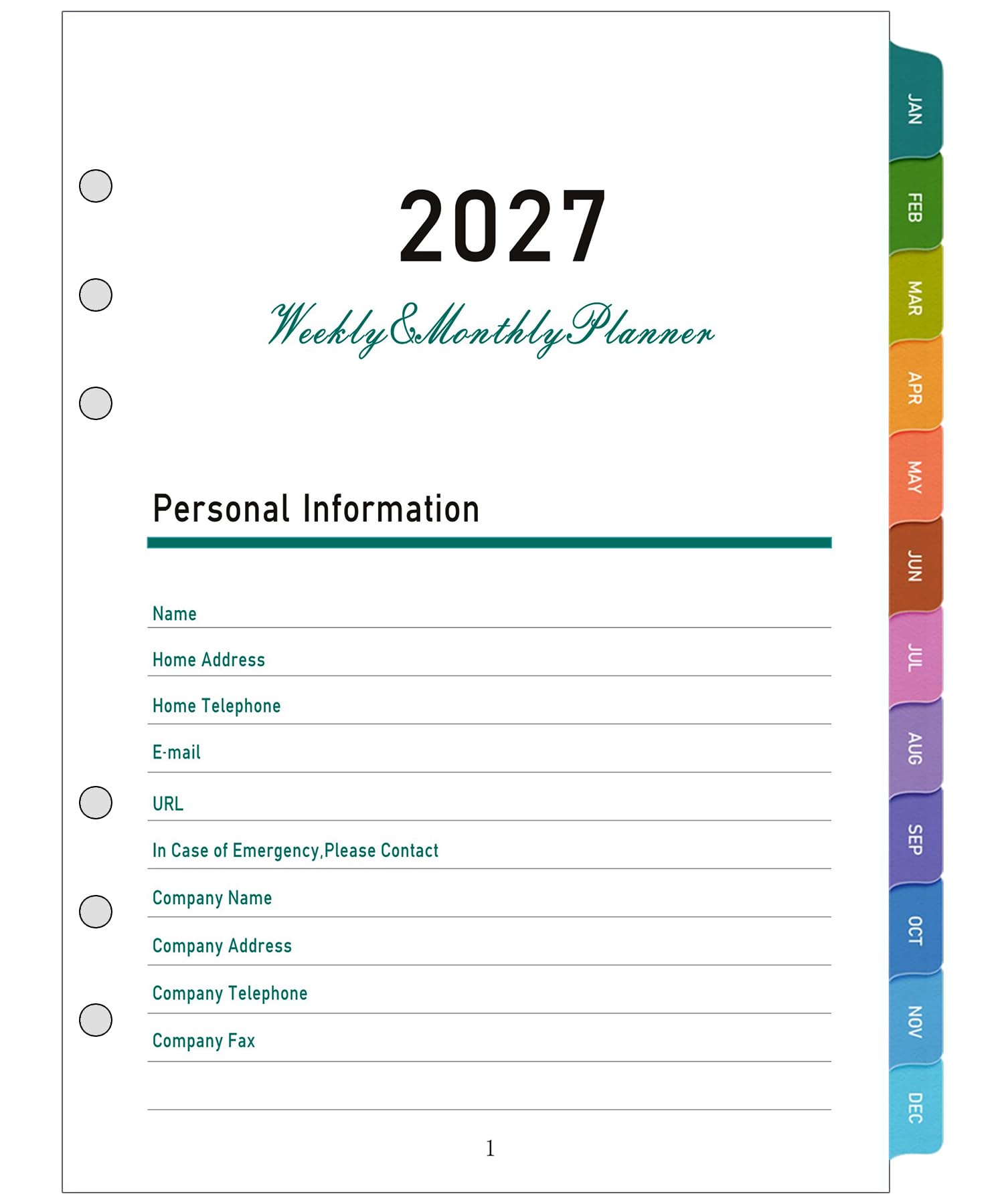 2027 Diary Week to View A5 Refill, 6 Hole, 1 Week on 2 Pages