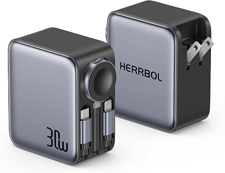 HERRBOLAI 30W 3 in 1 Retractable Charger, Wall Charger Block Fast Charging with Triple Retractable Charging Cables, Portable Travel Charger for iPhone 17-8, for Apple Watch, Air Pods, Samsung, iPad