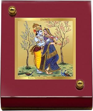 DIVINITI Radha Krishna Photo Frame for Car Dashboard, Car Idol, Table Decor|MDF 1B wooden Frame with 24K Gold Plated Foil|Religious Frame For Pooja, Prayer and Gift 6.5x5.5 cm