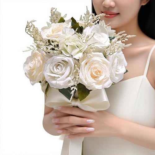 Miniatura 2 de LESING Ramos de novia de flores artificiales hechas a mano, románticos, para novia, dama de honor, celebración de flores (bouquet y blanco rosa 1)