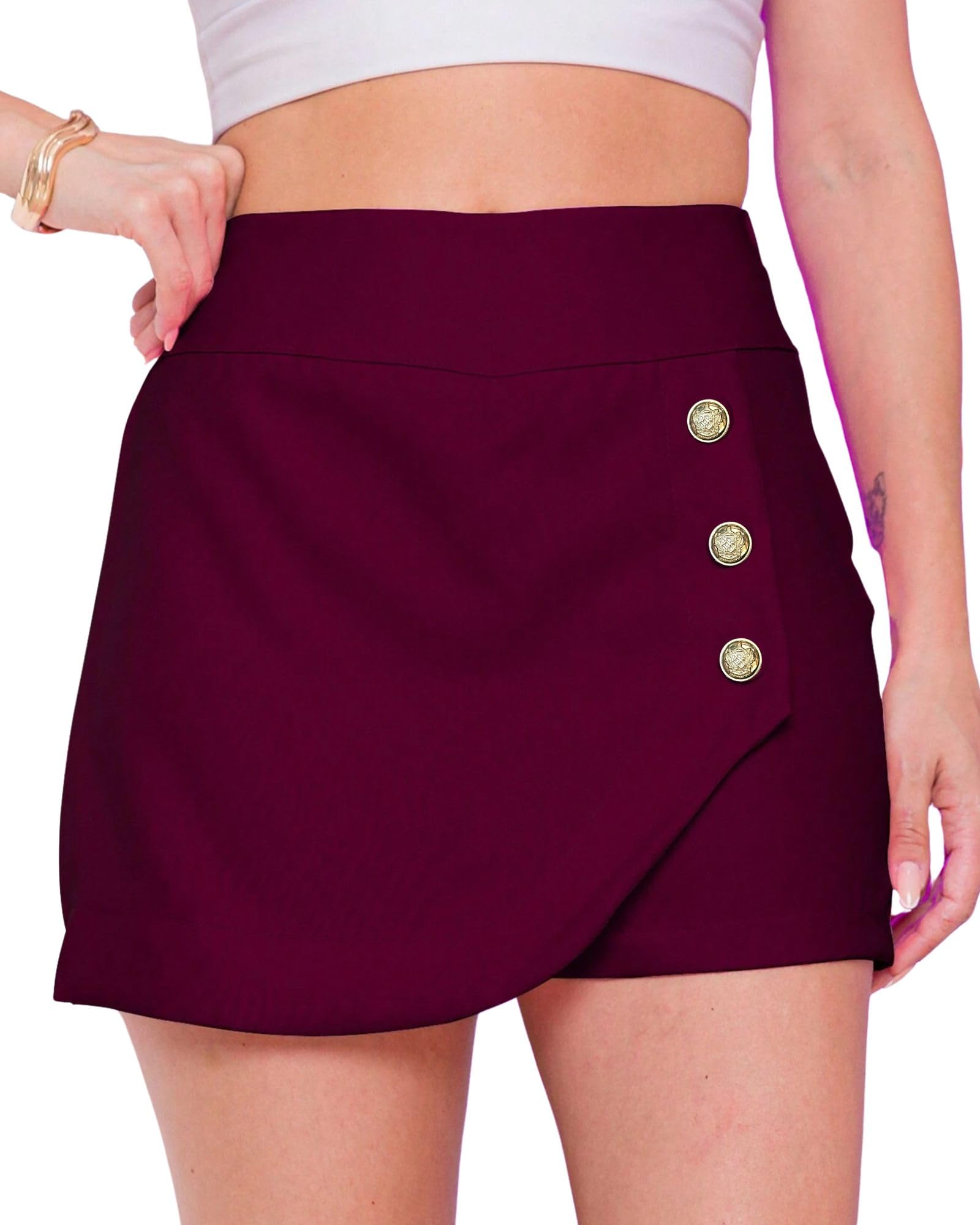 High Rise Elasticated Waistband Side Button Women Above Knee/Mini Bodycon Wrap Skort/Shorts (Maroon, 34)