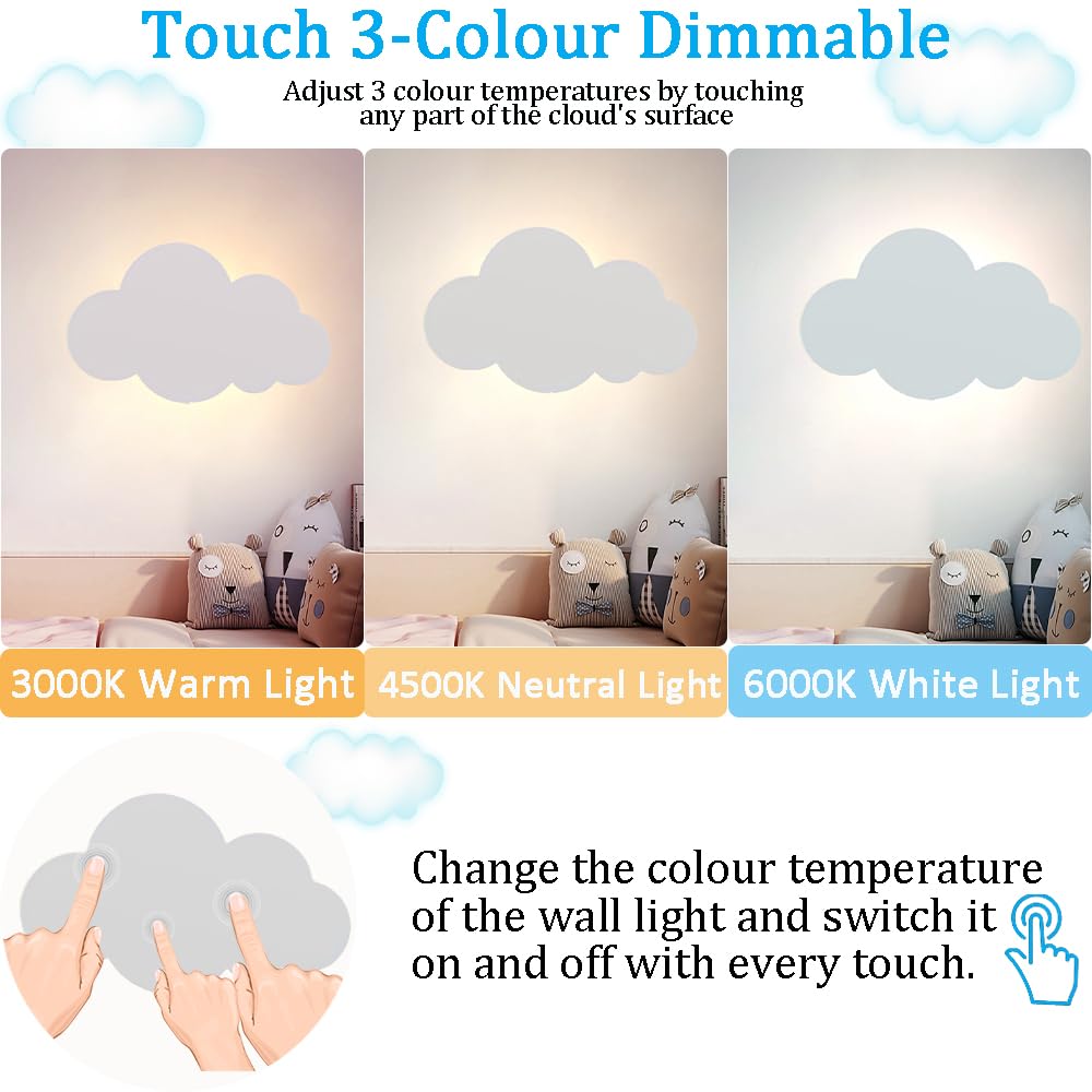 Lámpara de Pared Interior con Interruptor Táctil LED Regulable Lámpara de Noche Habitación Infantil Aplique de Pared con Enchuf Moderna Lámpara de Lectura para Dormitorio Salon, Blanco