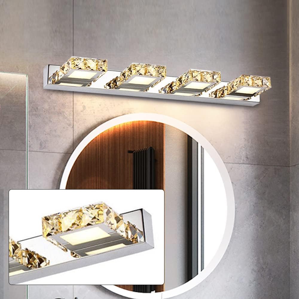24.4 inch Crystal Vanity Light 4 Lights Bathroom Lighting Fixtures Modern Chrome Toilet LED Wall Lamp Sconce Over Mirror for Indoor Washroom Bathroom (4 Lights Warm White)