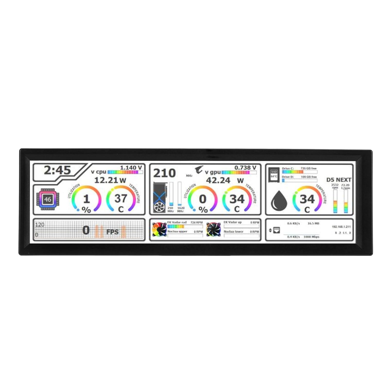 Yunseity Pannello Sensore Visualizzazione Temperatura PC, Display Temperatura PC Touch Screen da 8,8 Pollici Supporto Schermo Secondario Tema Dinamico per Programmatori (BLACK)
