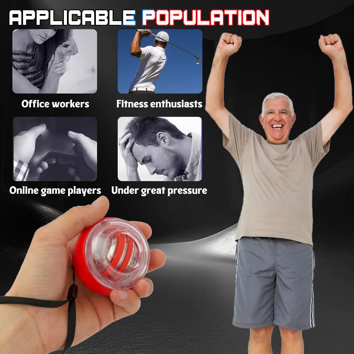 Image illustrating various user groups who can benefit from the Vital Wrist Ball, including office workers, fitness enthusiasts, online game players, and individuals under pressure.