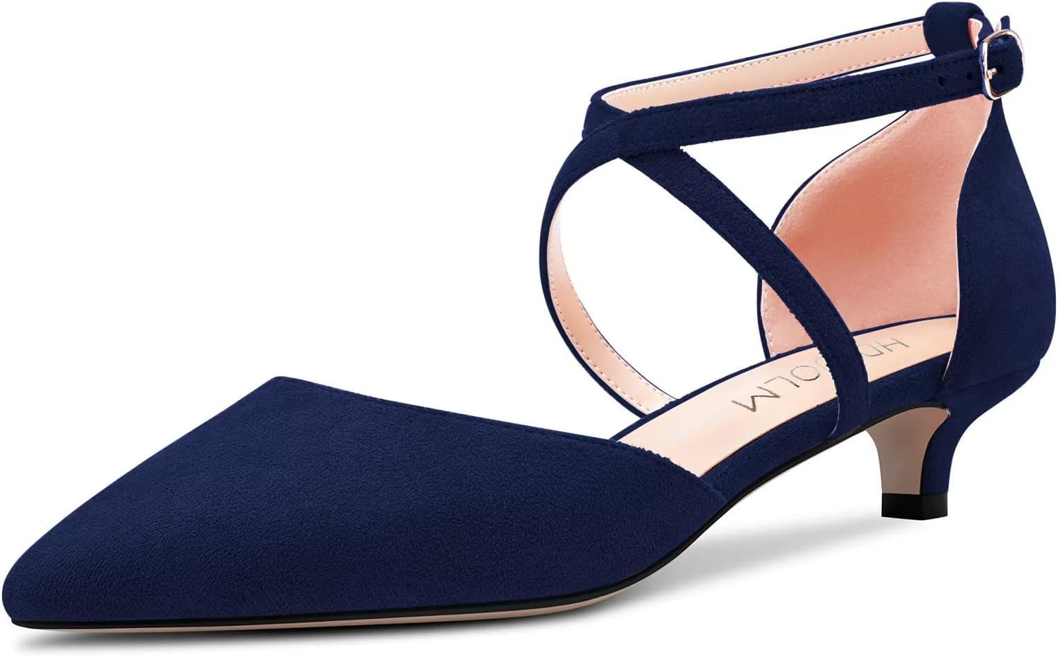 Women Low Kitten Heel Close Pointed Toe Sandals Ankle Strap Cross-Strap Buckle Pumps Court Shoe Wedding Sexy Dress 3.5 CM Heels Shoes