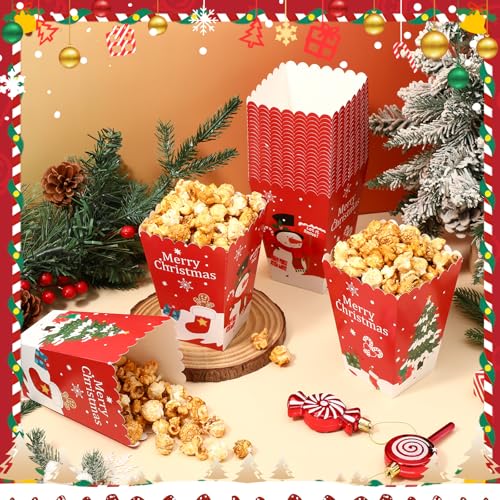 Baderke 24 Pcs Christmas Popcorn Boxes Mini Xmas Treating Candy Cookie Treat Box Snowman Santa Snowflake Paper Popcorn for Movie Night Christmas Party Decorations, 4 Design (Snowman Style) by Baderke - Image 4