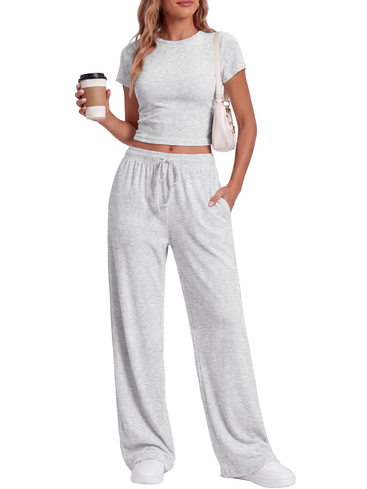 2 Piece Sets for Women Summer 2026 Lounge Set Side Ruched Top and Wide Leg Pants for Airp…