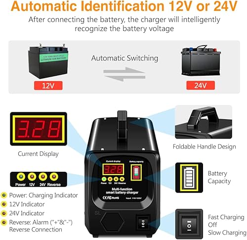 Miniatura 9 de Outerman Cargador de batería de automóvil, 12V-12A24V-8.5AMH, cargador de batería automático inteligente, cargador de goteo de alta y baja potencia,