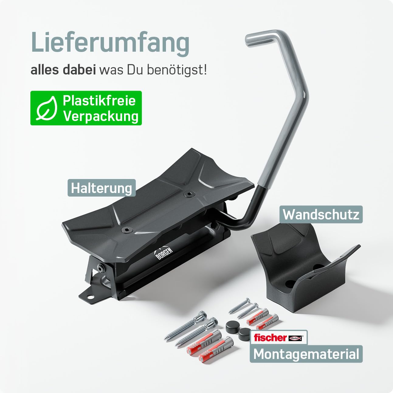 Borgen Fahrrad Wandhalterung Schwenkbar bis 35kg - Platzsparende Fahrradhalterung Wand Vertikal - Inkl. Fischer DuoPower Dübel zur stabilen Montage - Plastikfreie Verpackung, hochwertige Materialien