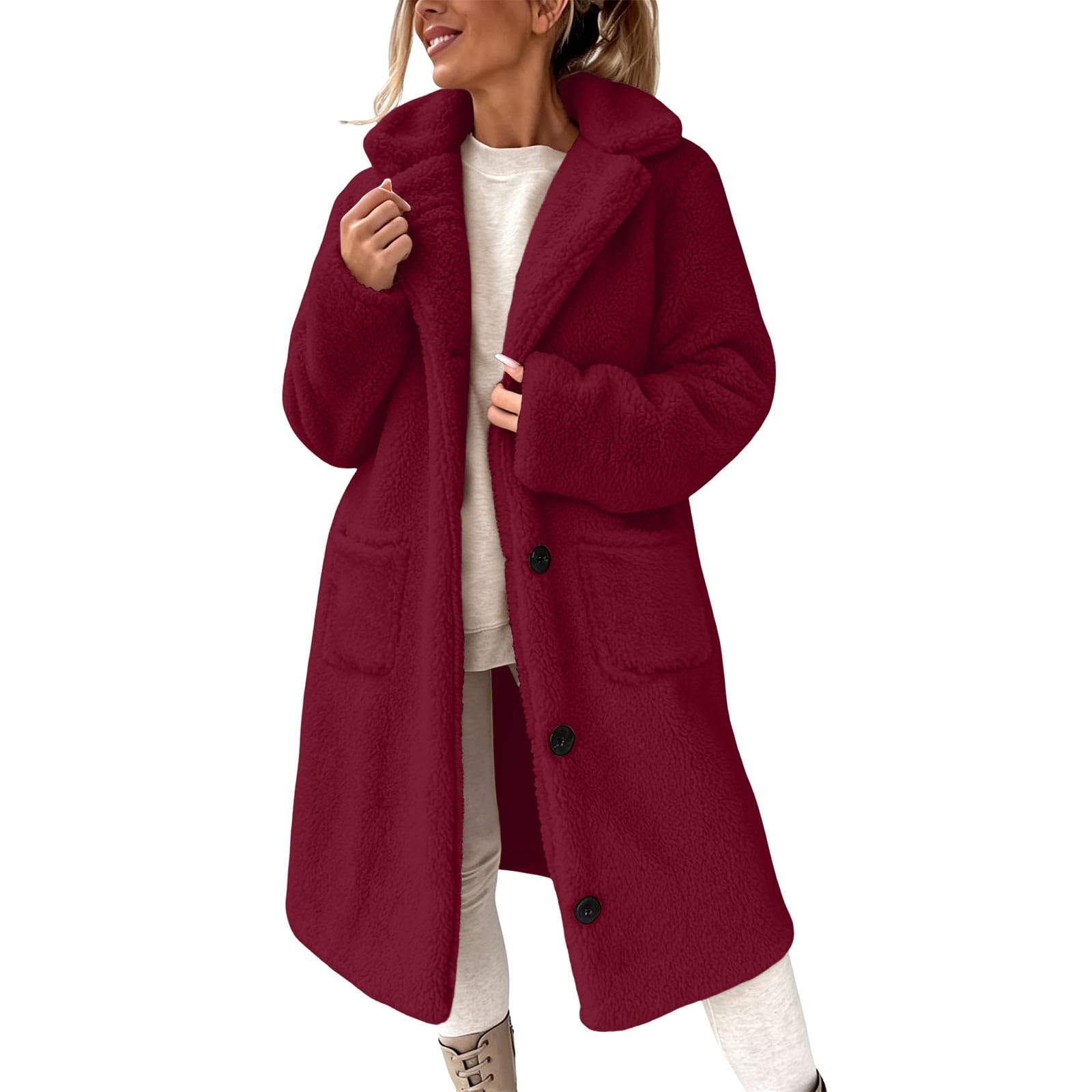 Generisch Damen Teddyjacke Lang Mantel Fleecejacke Trenchcoat Outdoorjacke