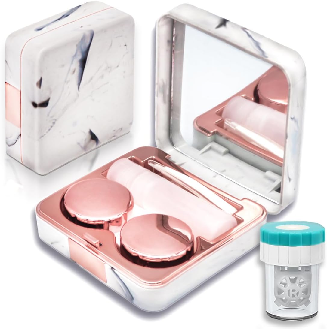 Contact Lens Case with Cleaner Washer, Portable Cute Eye Contacts Colored Lenses Applicator Remover Tool Kit with Mirror Solution Bottle Travel Size for Daily Outdoor (Square, Rose Gold)