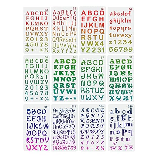 JIASI&JIESY 12 Piezas Plantillas Lettering,Plantillas de Alfabeto y Numero,Plantillas letras para pintar, con Letras Minúsculas y Mayúsculas Números y Símbolos,Letras Stencil,para Grafiti Alfabético