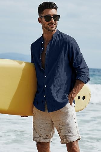 Miniatura 6 de JMIERR Camisas de algodón y lino para hombre, de verano, casual, de manga larga, cuello con botones, camisa de playa