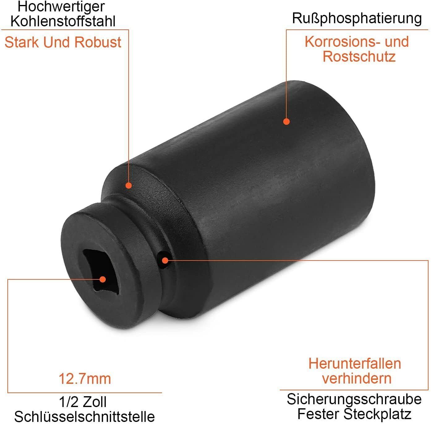 Serie 18 Bussole Esagonali Rinforzate Lunghe ad Impatto con Attacco Quadrato da 1/2" Misure Metriche da 8 a 32 mm
