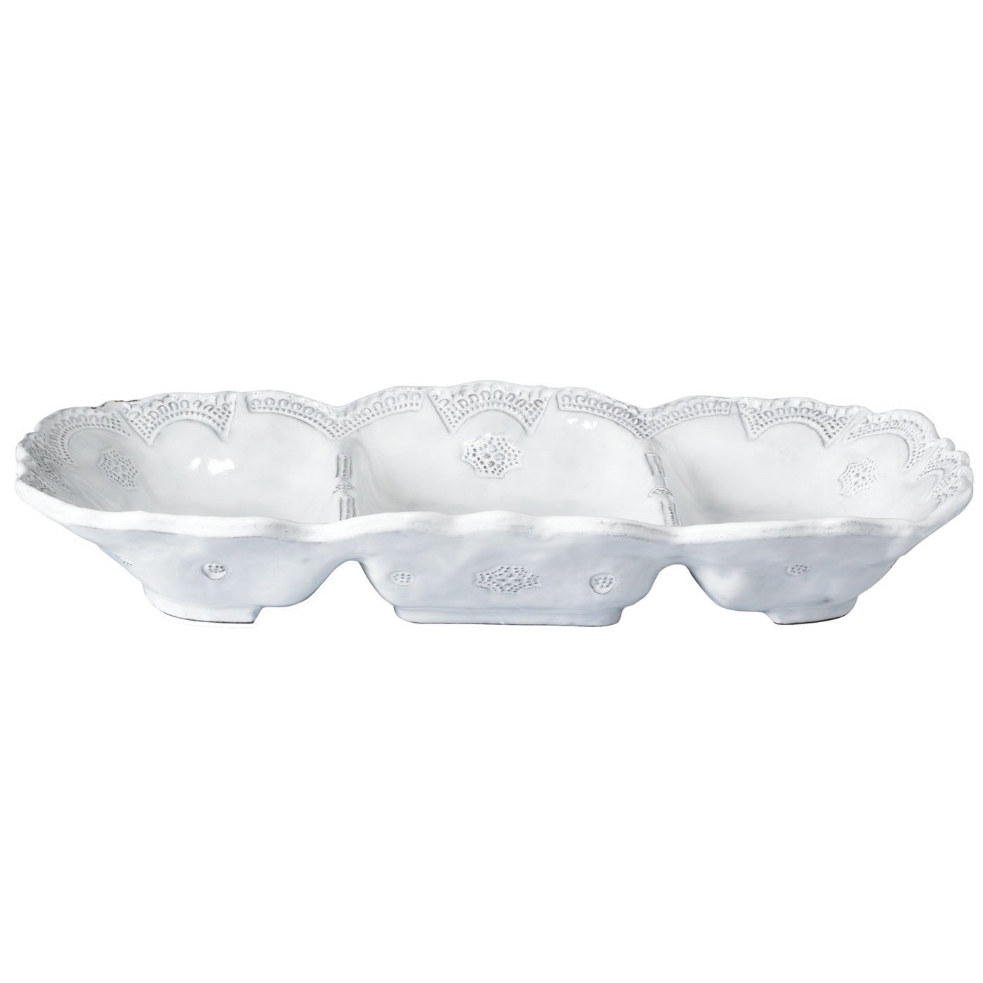 Vietri Incanto White Lace Medium Three-Part Server, 14.5" Earthenware for Serving Snacks & Dips