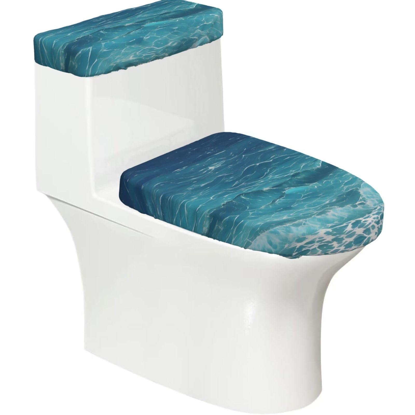 The deep Blue sea Elastic Toilet Cover Set of 2-Stretchy Lid and Tank Covers for Bathroom, Soft Washable U Shape Toilet Decor