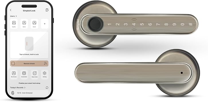 Simpled AF LeverLine Smart Lock, Fingerprint Keyless Security Entry Door Lock, Bluetooth Electronic Deadbolt, Touch Keypad, Smartphone Access Bright