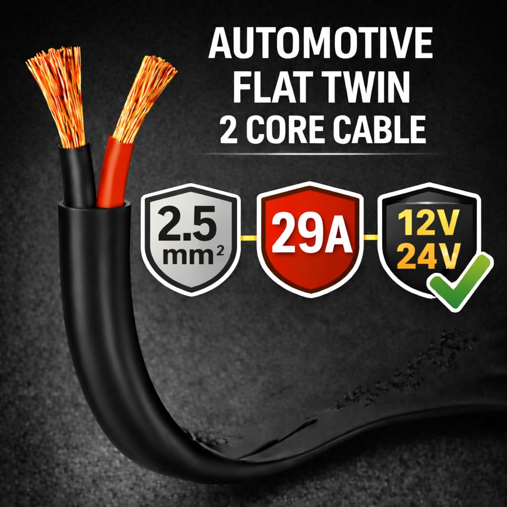 Cavo bipolare piatto per autoveicoli, 12 V/24 V, sottile, per auto, barca, 29 A, 2,5 mm² (bobina da 20 m)