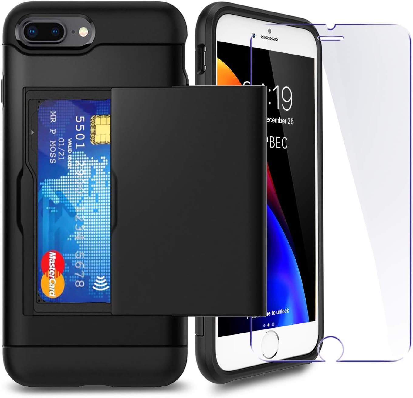 iPhone 7P/ 8P Plus Case with Card Holder and[ Screen Protector Tempered Glass x2Pack] SUPBEC i Phone 7 Plus / 8 Plus Wallet Case Cover with Shockproof Silicone TPU + Anti-Scratch Hard PC (Black)