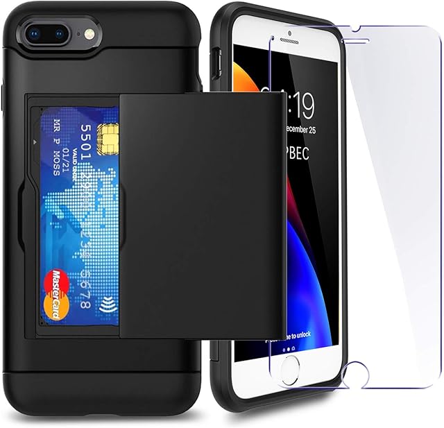 iPhone 7P/ 8P Plus Case with Card Holder and[ Screen Protector Tempered Glass x2Pack] SUPBEC i Phone 7 plus / 8 plus Wallet Case Cover with Shockproof Silicone TPU + Anti-Scratch Hard PC (Black)