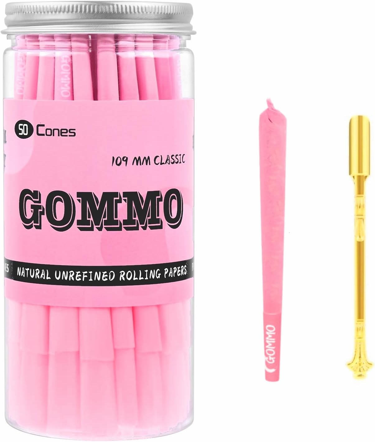 GOMMO Cones Rolling Papers | 50 Pack | Pre Rolled Cones | King Size | Natural Pink Rolling Papers with Golden Packing Spoon Included