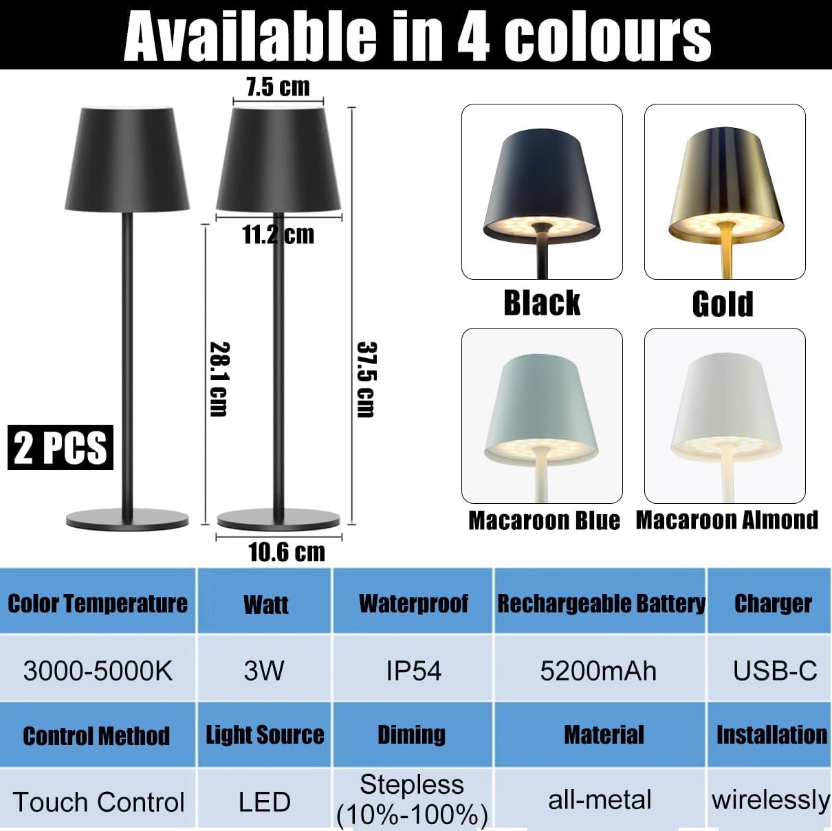 2 Pièces Lampe de Table Sans Fil Rechargeable Led, Tout Métal Lampe Sans Fil Rechargeable 5000mAh, 3 Températures de Couleur, Contrôle Tactile pour Chevet, Interieur, Exterieur