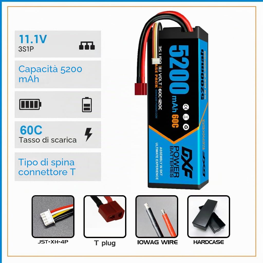 DXF Confezione da 2 confezioni da 3 batterie lipo 5200 mAh, 11,1 V, 60C, con spina Deans/T– lipo 3s perfetto per auto rc, aereo, elicottero, camion 3s lipo ideale per veicoli 1/8 e 1/10 come Tamiya