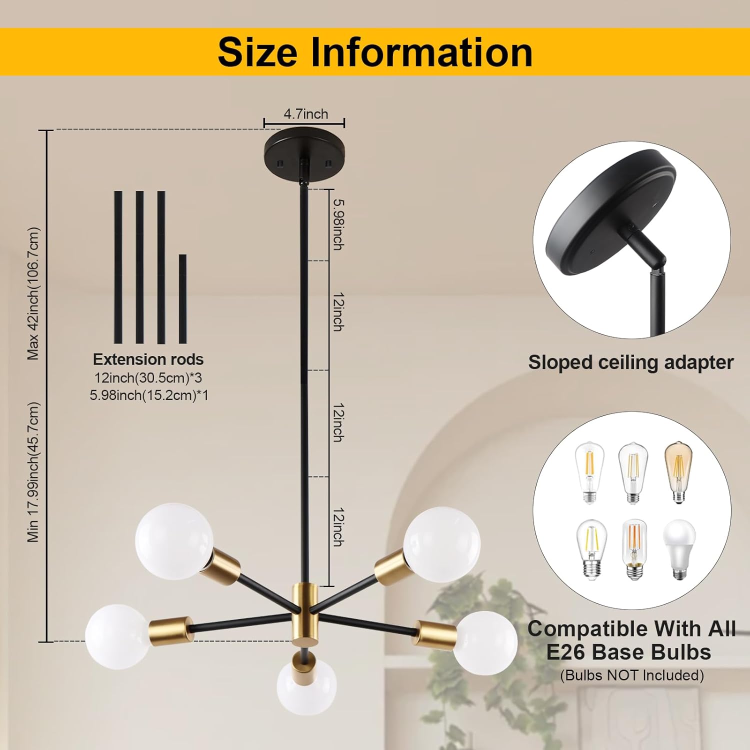 Kalium 5 Light Sputnik Chandeliers for Dining Room, 42 Inch Modern Light Fixture Over Table, Height Adjustable Farmhouse Chandelier for Bedroom, Living Room, E26 Socket (Bulb Not Included)