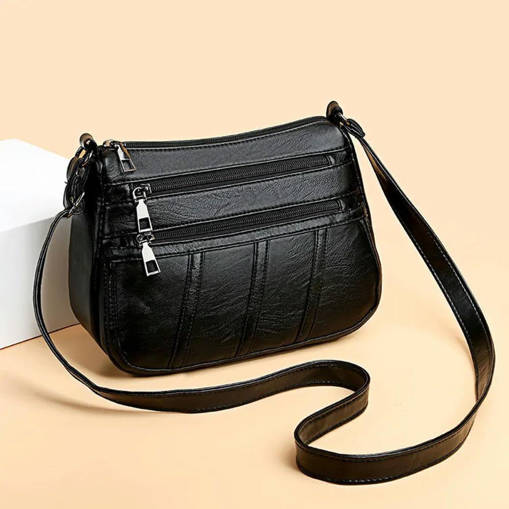 ZBDZSW Bolso Bandolera Estilo Retro de Moda para Mujer, Bolso de Mensajero Informal de Cuero PU, Bolso de Hombro con Correa Larga, Negro Black