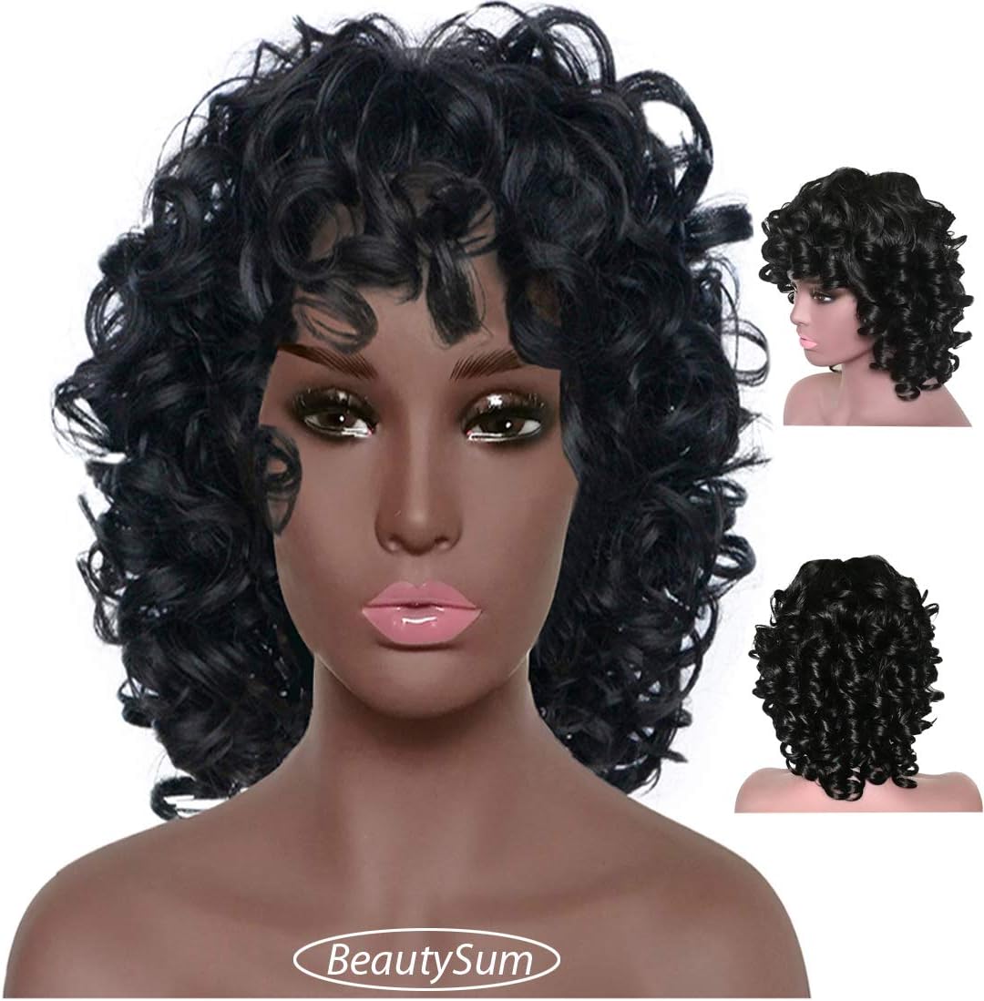 BeautySum Natural Black Short Synthetic Curly Wigs for Black Women with Bangs Heat Resistant Fiber Hair Wigs Fluffy Wavy Afro Full Wigs Natural Looking Realistic Replacement Wigs