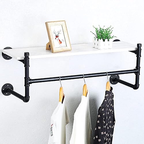 Miniatura 5 de Estante de ropa de tubería industrial, estante de madera montado en la pared, estantes flotantes, estante de ropa al por menor (1 nivel, 36 pulgadas)