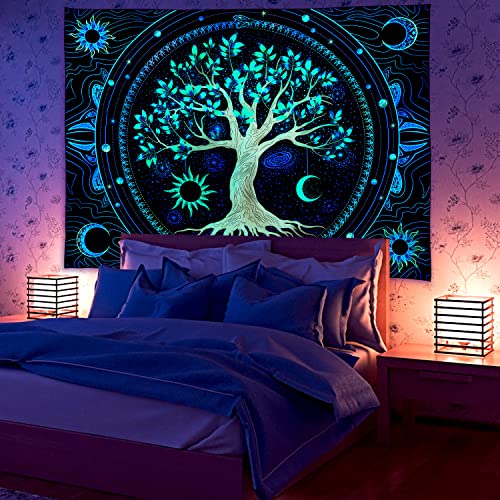 Image of Tapestry for Bedroom Aesthetic Black Light Tree of Life Tapestrys UV Reactive Trippy Talestry Colorful Wall tapistry Sun Moon Space Tapestries Green Forest Wall Hanging Decor Nature Ceiling Tapastry